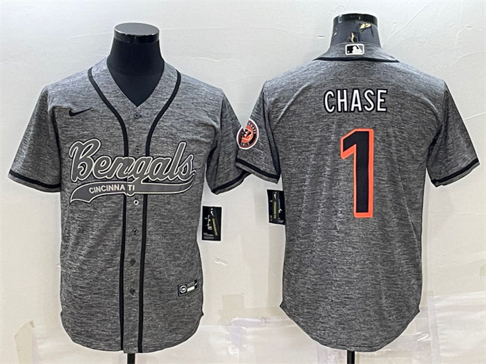 Custom Men’s Cincinnati Bengals #1 Ja’Marr Chase Grey With Patch Cool Base Stitched Baseball Jersey