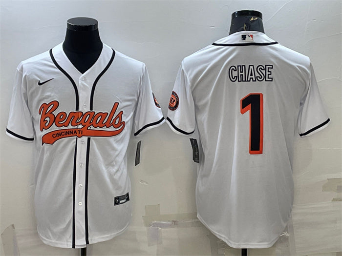 Custom Men’s Cincinnati Bengals #1 Ja’Marr Chase White With Patch Cool Base Stitched Baseball Jersey