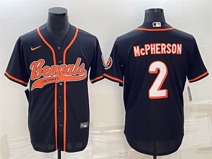 Custom Men’s Cincinnati Bengals #2 Evan McPherson Black With Patch Cool Base Stitched Baseball Jersey