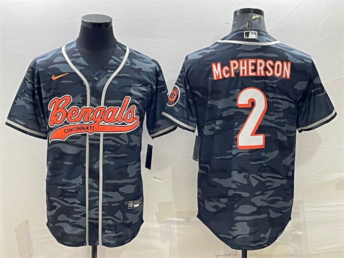 Custom Men’s Cincinnati Bengals #2 Evan McPherson Grey Camo With Patch Cool Base Stitched Baseball Jersey