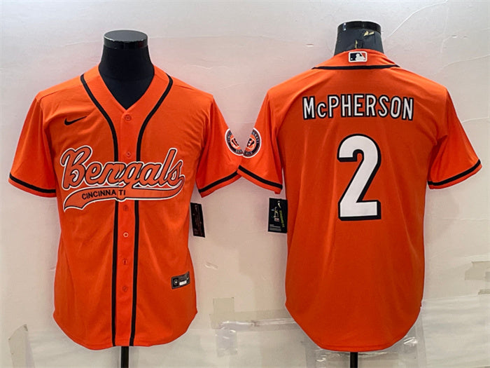Custom Men’s Cincinnati Bengals #2 Evan McPherson Orange With Patch Cool Base Stitched Baseball Jersey