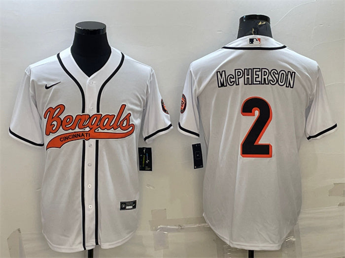 Custom Men’s Cincinnati Bengals #2 Evan McPherson White With Patch Cool Base Stitched Baseball Jersey