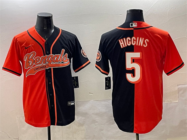 Custom Men’s Cincinnati Bengals #5 Tee Higgins Orange Black Split With Patch Cool Base Stitched Baseball Jersey
