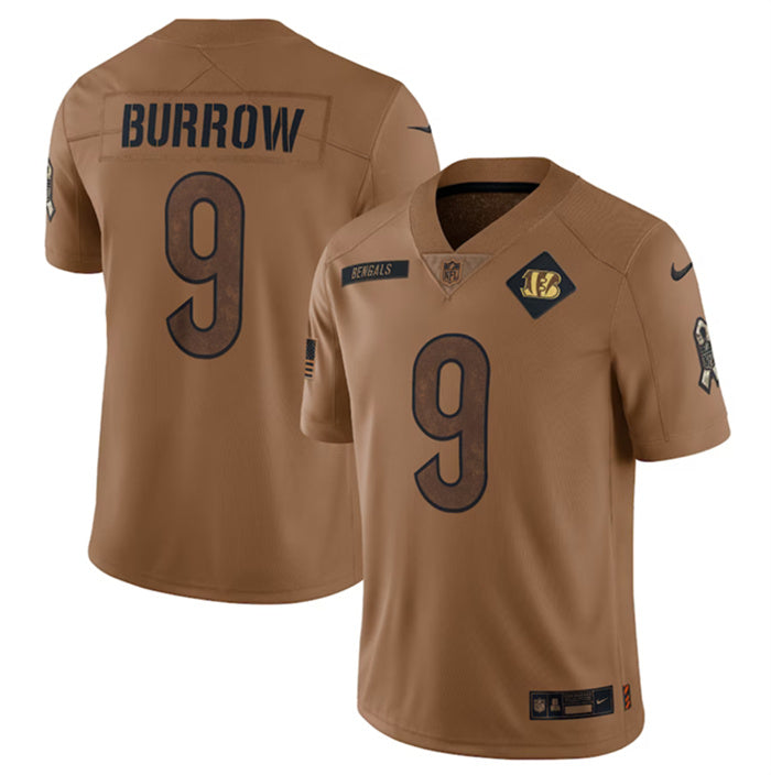 Custom Men’s Cincinnati Bengals #9 Joe Burrow 2023 Brown Salute To Service Limited Stitched Jersey