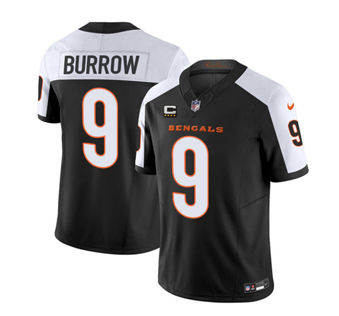 Custom Men’s Cincinnati Bengals #9 Joe Burrow 2023 F.U.S.E. Black White With 4-Star C Patch Vapor Untouchable Limited Stitched Jersey