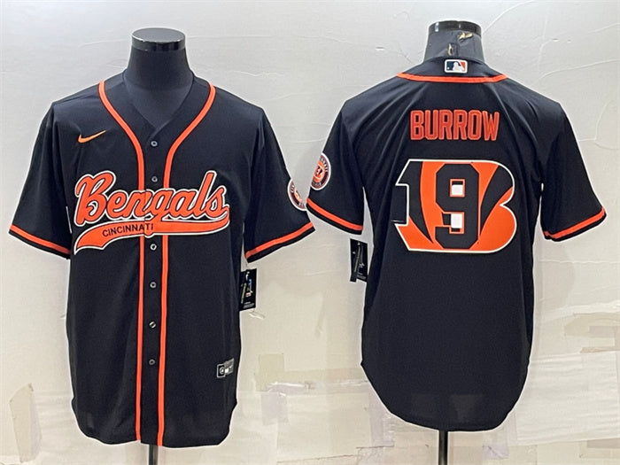 Custom Men’s Cincinnati Bengals #9 Joe Burrow Black Team Big Logo With Patch Cool Base Stitched Baseball Jersey