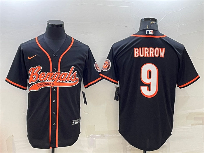 Custom Men’s Cincinnati Bengals #9 Joe Burrow Black With Patch Cool Base Stitched Baseball Jersey