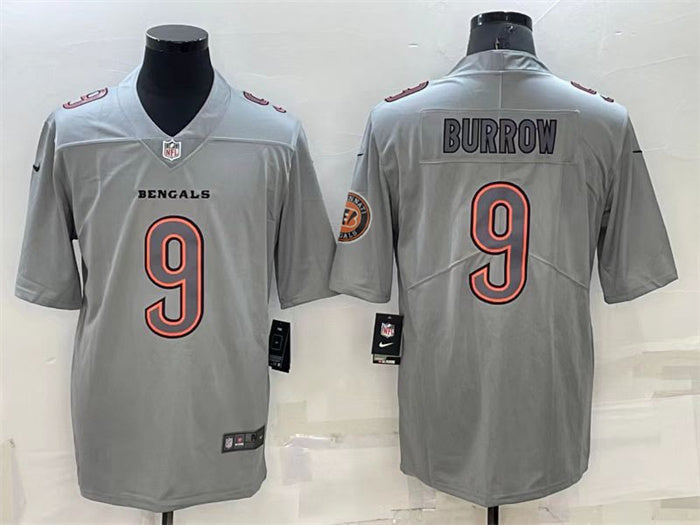 Custom Men’s Cincinnati Bengals #9 Joe Burrow Gray With Patch Atmosphere Fashion Stitched Jersey