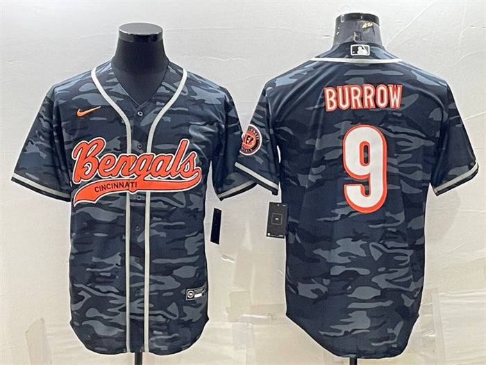 Custom Men’s Cincinnati Bengals #9 Joe Burrow Grey Camo With Patch Cool Base Stitched Baseball Jersey
