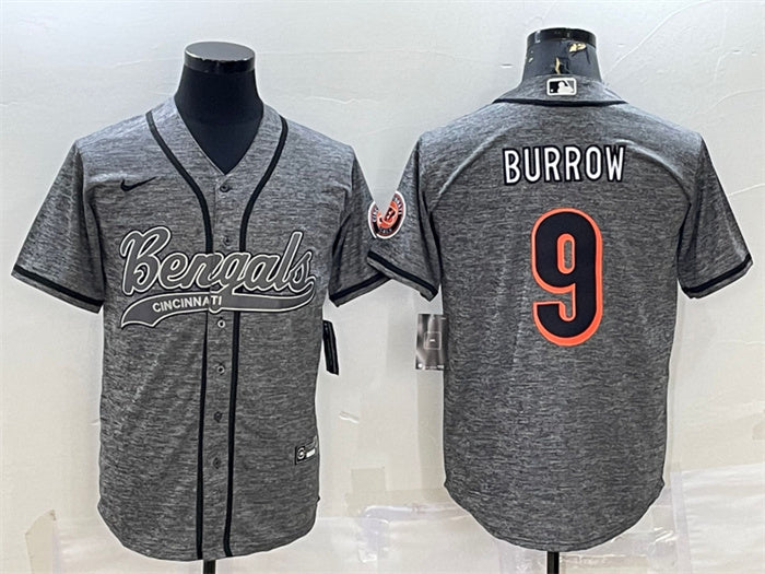 Custom Men’s Cincinnati Bengals #9 Joe Burrow Grey With Patch Cool Base Stitched Baseball Jersey