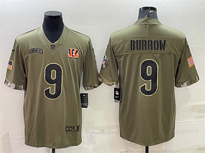 Custom Men’s Cincinnati Bengals #9 Joe Burrow Olive 2022 Salute To Service Limited Stitched Jersey
