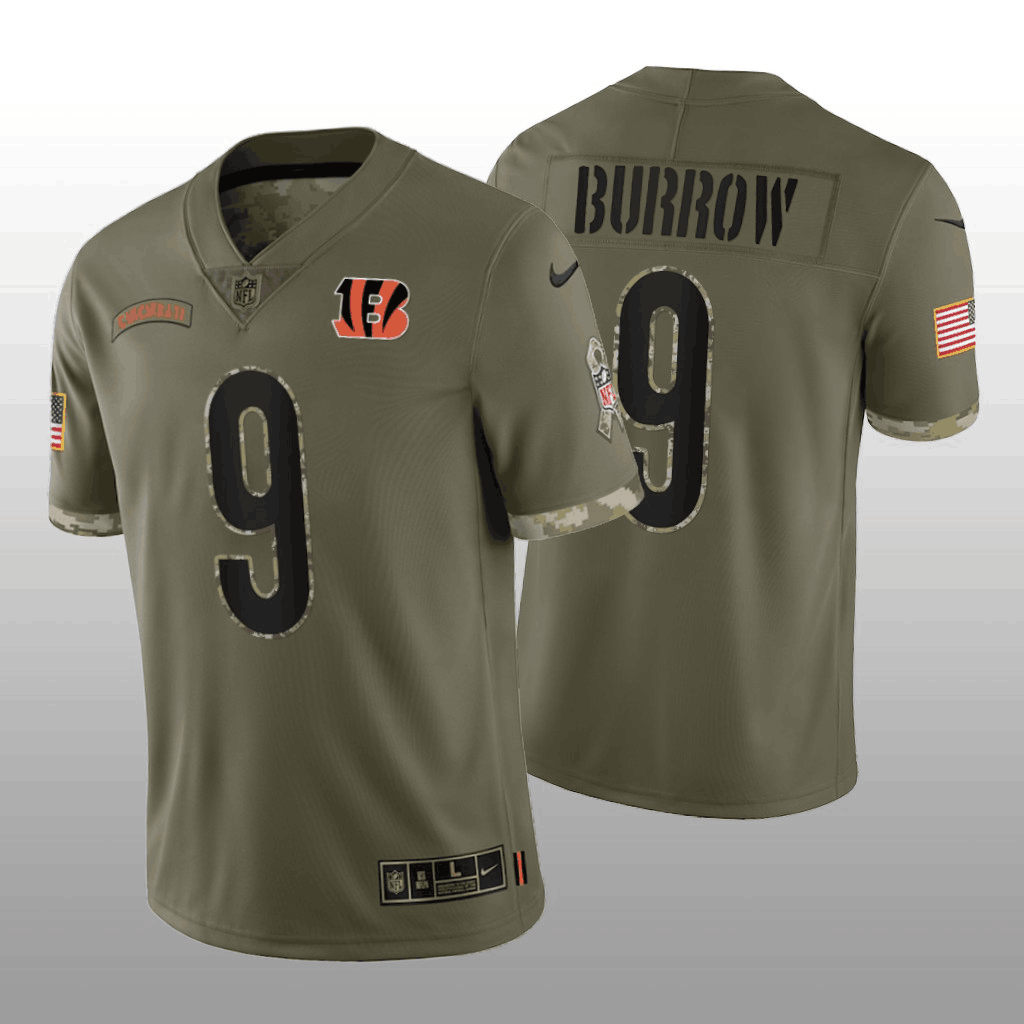 Custom Men’s Cincinnati Bengals #9 Joe Burrow Olive 2022 Salute To Service Limited Stitched Jersey