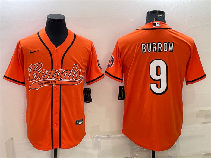 Custom Men’s Cincinnati Bengals #9 Joe Burrow Orange With Patch Cool Base Stitched Baseball Jersey