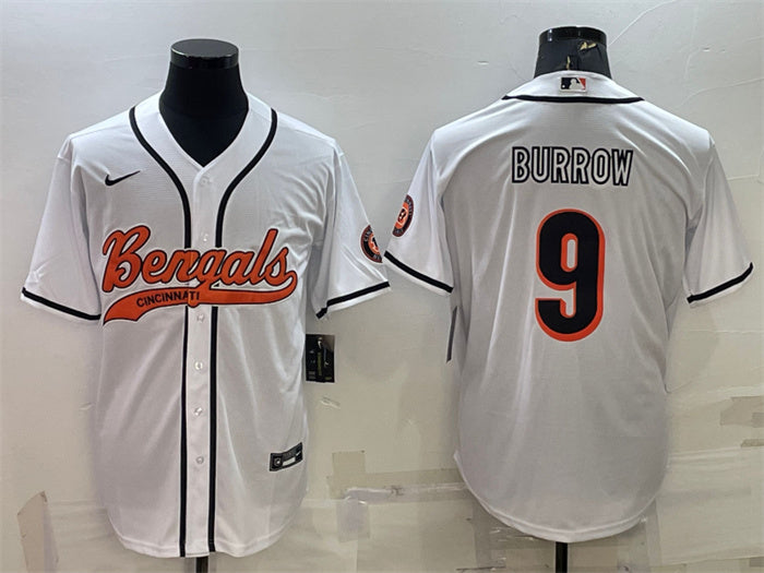 Custom Men’s Cincinnati Bengals #9 Joe Burrow White With Patch Cool Base Stitched Baseball Jersey