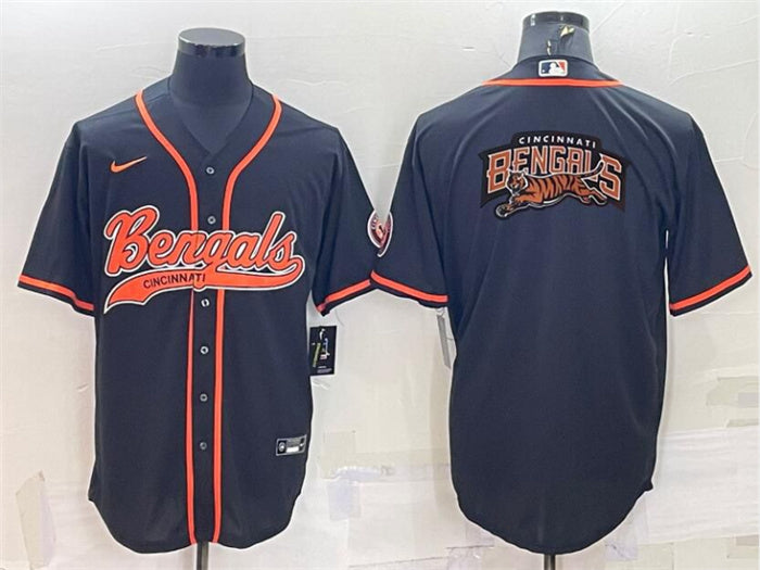 Custom Men’s Cincinnati Bengals Black Team Big Logo With Patch Cool Base Stitched Baseball Jersey