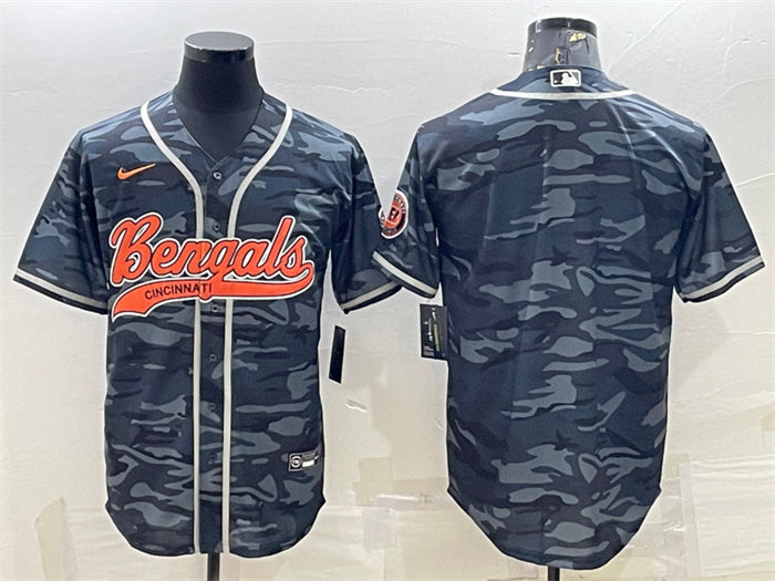 Custom Men’s Cincinnati Bengals Blank Grey Camo With Patch Cool Base Stitched Baseball Jersey