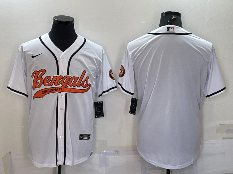 Custom Men’s Cincinnati Bengals Blank White With Patch Cool Base Stitched Baseball Jersey