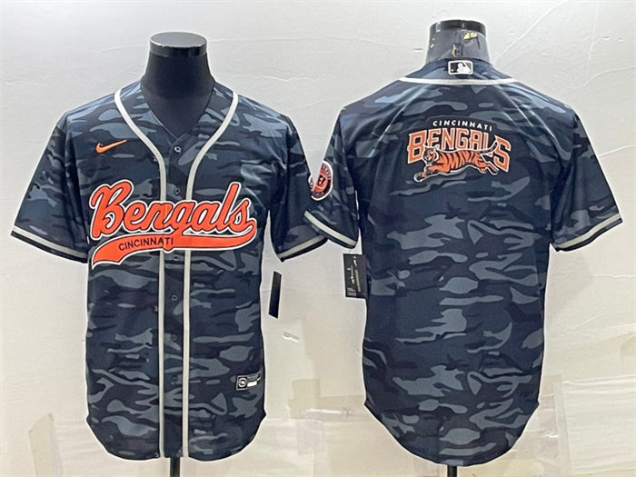 Custom Men’s Cincinnati Bengals Grey Camo Team Big Logo With Patch Cool Base Stitched Baseball Jersey