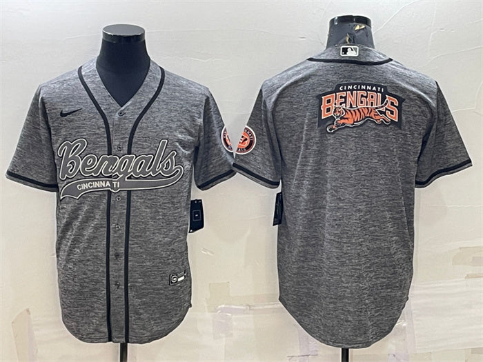 Custom Men’s Cincinnati Bengals Grey Team Big Logo With Patch Cool Base Stitched Baseball Jersey