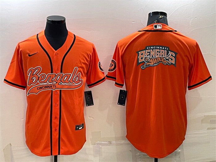 Custom Men’s Cincinnati Bengals Orange Team Big Logo With Patch Cool Base Stitched Baseball Jersey