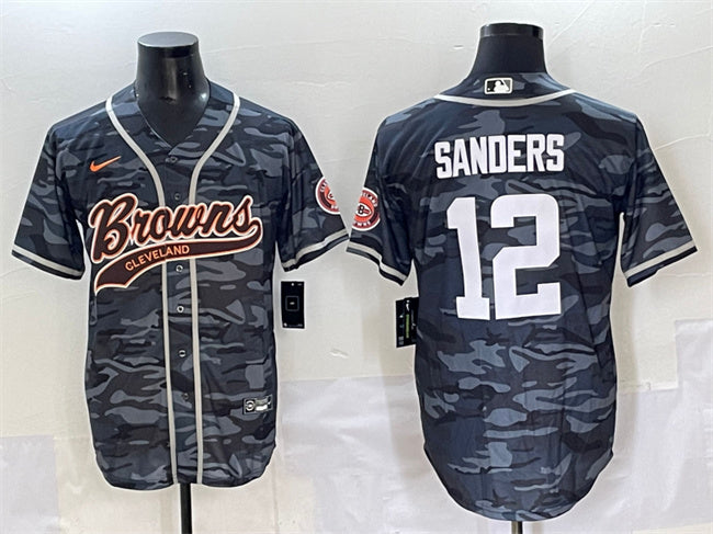 Custom Men’s Cleveland Browns #12 Shedeur Sanders Grey Camo With Patch Cool Base Stitched Baseball Jersey