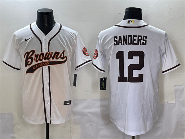 Custom Men’s Cleveland Browns #12 Shedeur Sanders White With Patch Cool Base Stitched Baseball Jersey