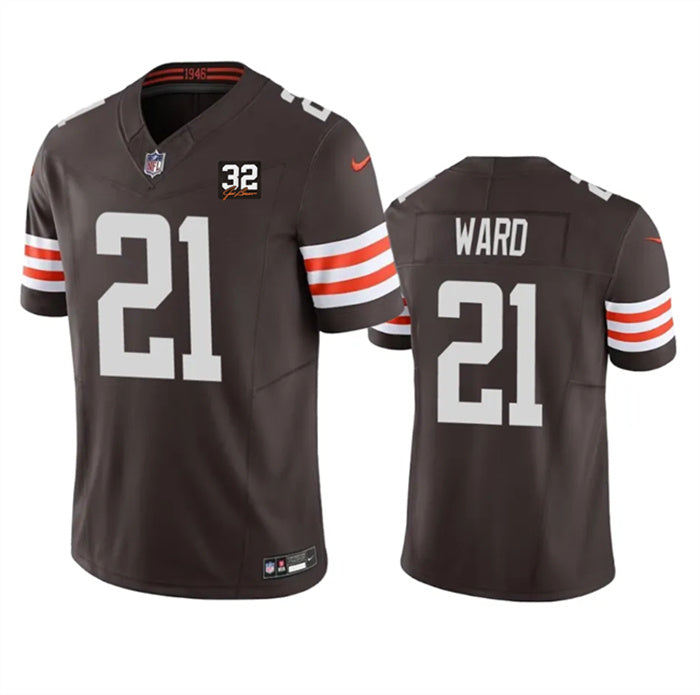 Custom Men’s Cleveland Browns #21 Denzel Ward Brown 2023 F.U.S.E. With Jim Brown Memorial Patch Vapor Untouchable Limited Stitched Jersey