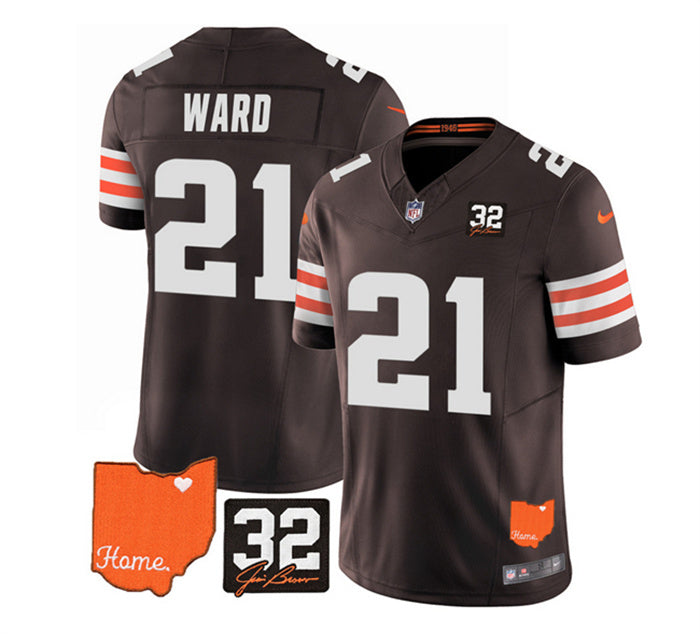 Custom Men’s Cleveland Browns #21 Denzel Ward Brown 2023 F.U.S.E. With Jim Brown Memorial Patch Vapor Untouchable Limited Stitched Jersey
