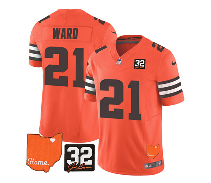 Custom Men’s Cleveland Browns #21 Denzel Ward Orange 2023 F.U.S.E. With Jim Brown Memorial Patch Vapor Untouchable Limited Stitched Jersey