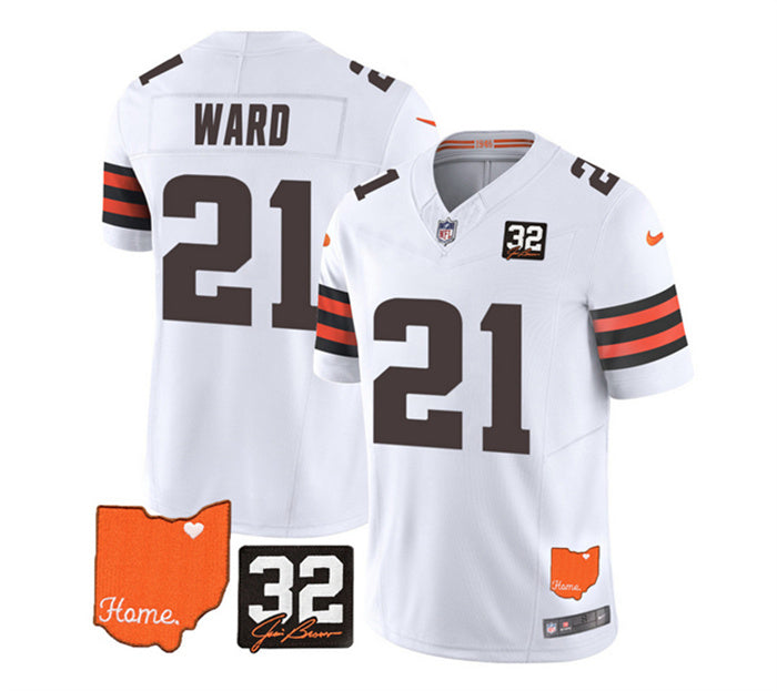 Custom Men’s Cleveland Browns #21 Denzel Ward White 2023 F.U.S.E. With Jim Brown Memorial Patch Vapor Untouchable Limited Stitched Jersey