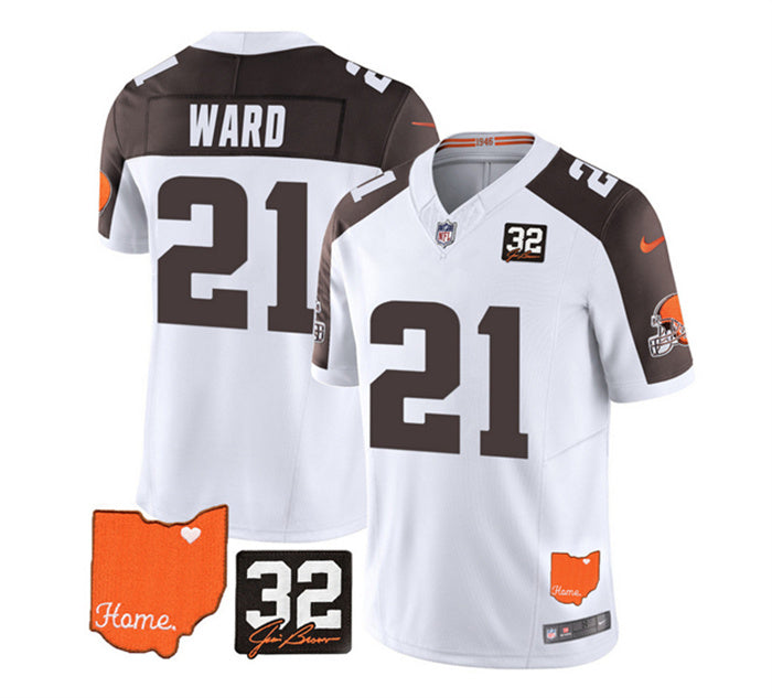 Custom Men’s Cleveland Browns #21 Denzel Ward White Brown 2023 F.U.S.E. With Jim Brown Memorial Patch Vapor Untouchable Limited Stitched Jersey