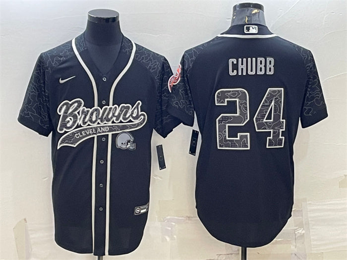 Custom Men’s Cleveland Browns #24 Nick Chubb Black Reflective With Patch Cool Base Stitched Baseball Jersey