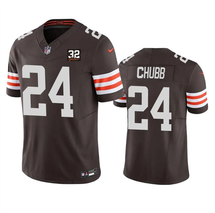 Custom Men’s Cleveland Browns #24 Nick Chubb Brown 2023 F.U.S.E. With Jim Brown Memorial Patch Vapor Untouchable Limited Stitched Jersey