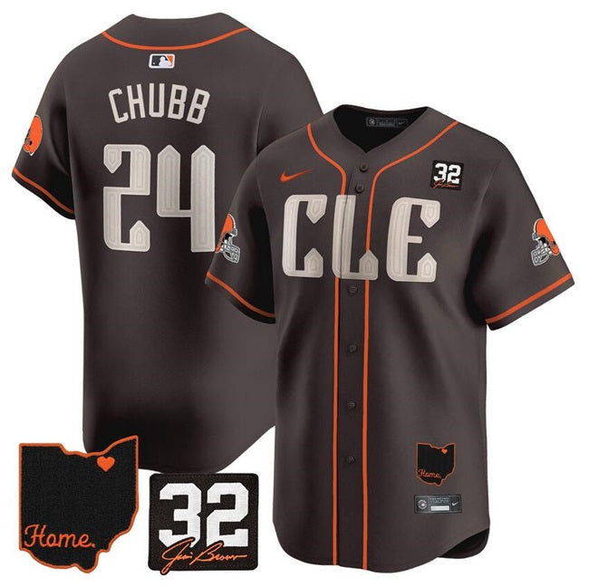 Custom Men’s Cleveland Browns #24 Nick Chubb Brown With Jim Brown Memorial & Home Patch Vapor Premier Limited Stitched Baseball Jersey