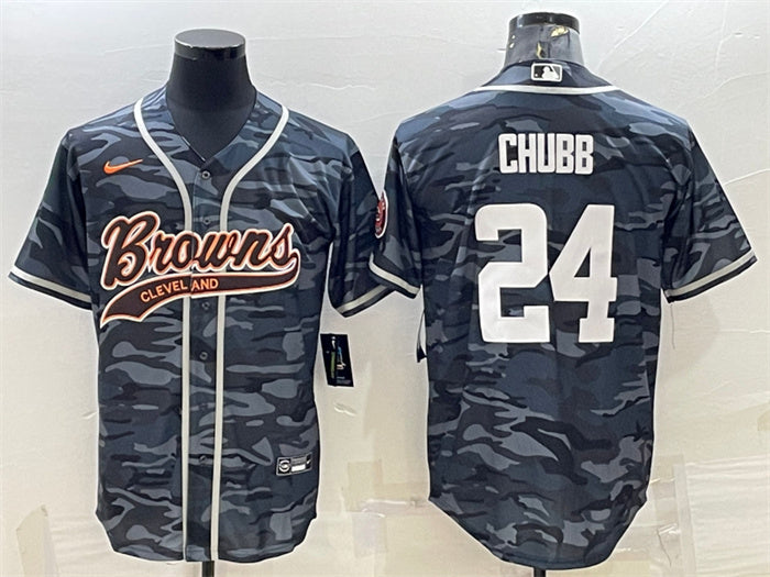 Custom Men’s Cleveland Browns #24 Nick Chubb Grey Camo With Patch Cool Base Stitched Baseball Jersey