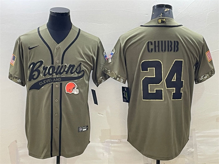 Custom Men’s Cleveland Browns #24 Nick Chubb Olive 2022 Salute To Service Cool Base Stitched Baseball Jersey