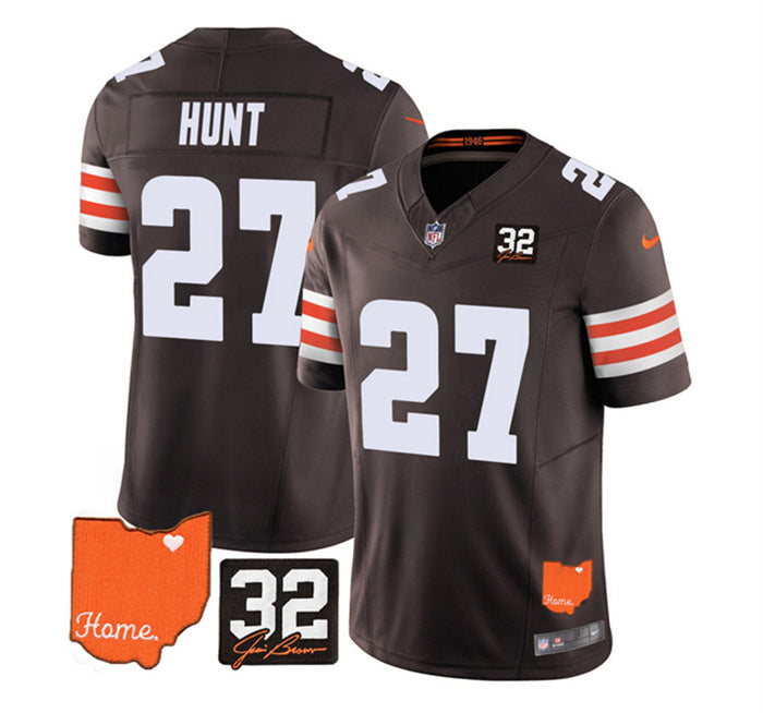 Custom Men’s Cleveland Browns #27 Kareem Hunt Brown 2023 F.U.S.E. With Jim Brown Memorial Patch Vapor Untouchable Limited Stitched Jersey