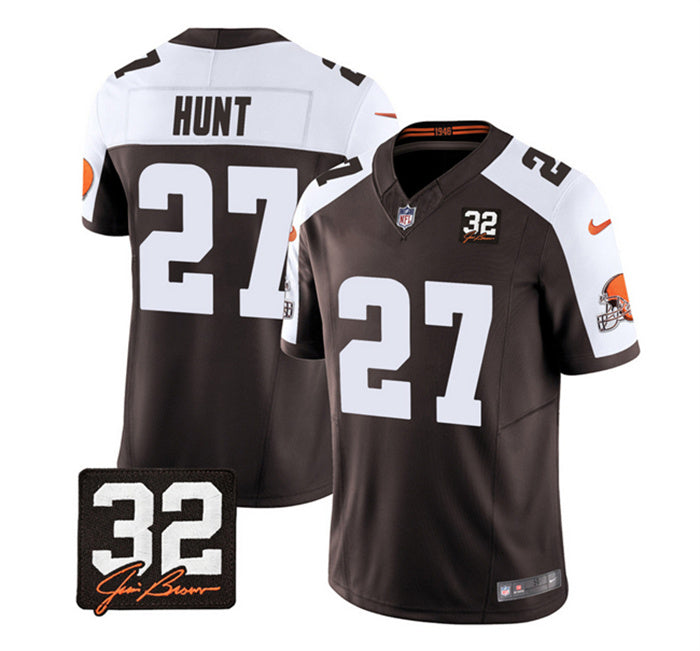 Custom Men’s Cleveland Browns #27 Kareem Hunt Brown White 2023 F.U.S.E. With Jim Brown Memorial Patch Vapor Untouchable Limited Stitched Jersey