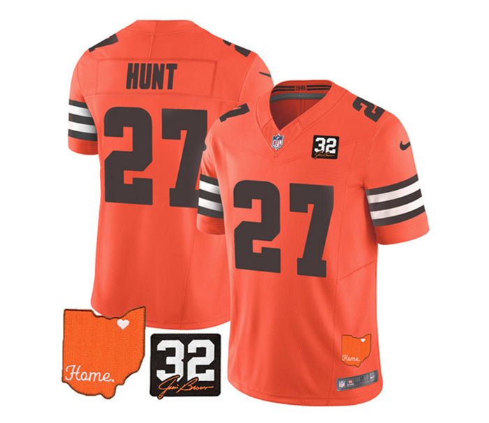 Custom Men’s Cleveland Browns #27 Kareem Hunt Orange 2023 F.U.S.E. With Jim Brown Memorial Patch Vapor Untouchable Limited Stitched Jersey