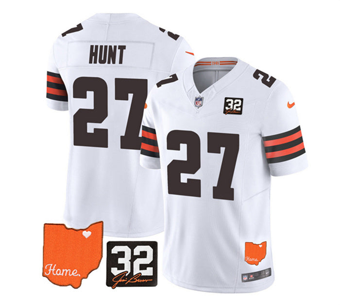 Custom Men’s Cleveland Browns #27 Kareem Hunt White 2023 F.U.S.E. With Jim Brown Memorial Patch Vapor Untouchable Limited Stitched Jersey