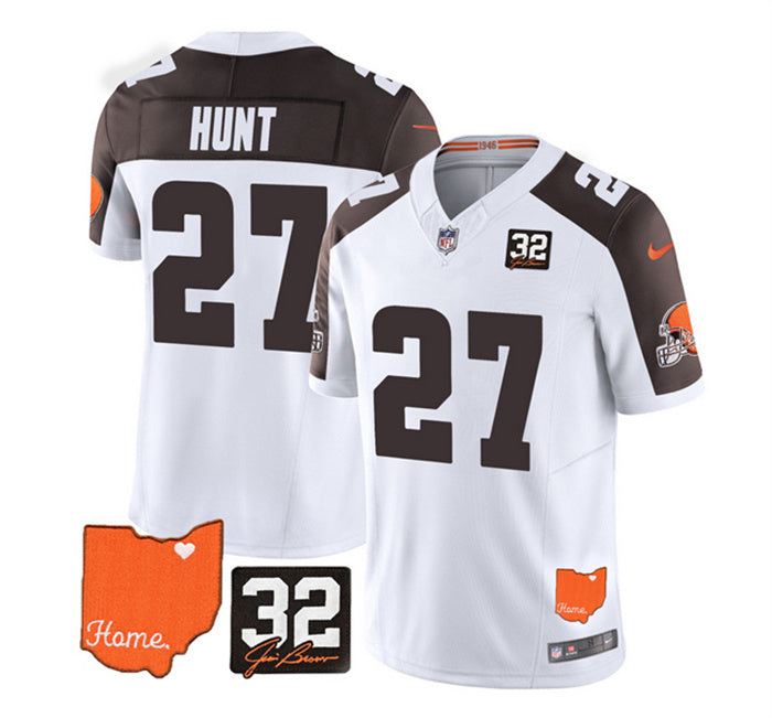 Custom Men’s Cleveland Browns #27 Kareem Hunt White Brown 2023 F.U.S.E. With Jim Brown Memorial Patch Vapor Untouchable Limited Stitched Jersey