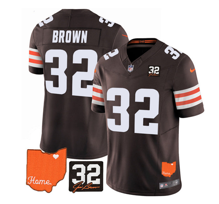 Custom Men’s Cleveland Browns #32 Jim Brown Brown 2023 F.U.S.E. With Jim Brown Memorial Patch Vapor Untouchable Limited Stitched Jersey