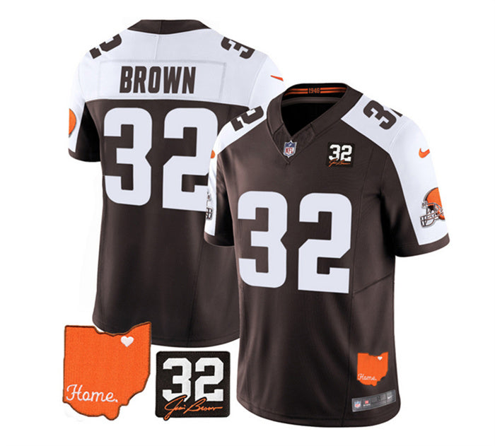 Custom Men’s Cleveland Browns #32 Jim Brown Brown White 2023 F.U.S.E. With Jim Brown Memorial Patch Vapor Untouchable Limited Stitched Jersey