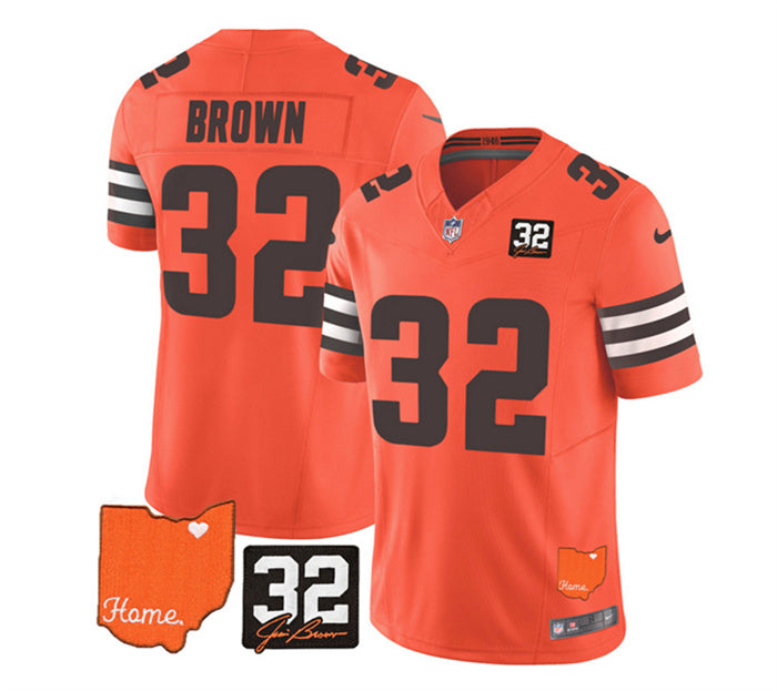 Custom Men’s Cleveland Browns #32 Jim Brown Orange 2023 F.U.S.E. With Jim Brown Memorial Patch Vapor Untouchable Limited Stitched Jersey