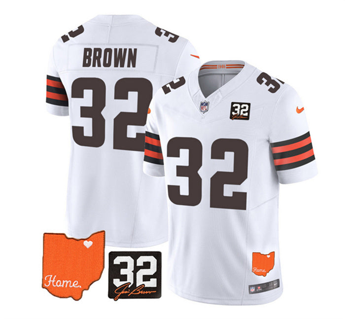 Custom Men’s Cleveland Browns #32 Jim Brown White 2023 F.U.S.E. With Jim Brown Memorial Patch Vapor Untouchable Limited Stitched Jersey