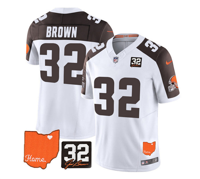 Custom Men’s Cleveland Browns #32 Jim Brown White Brown 2023 F.U.S.E. With Jim Brown Memorial Patch Vapor Untouchable Limited Stitched Jersey