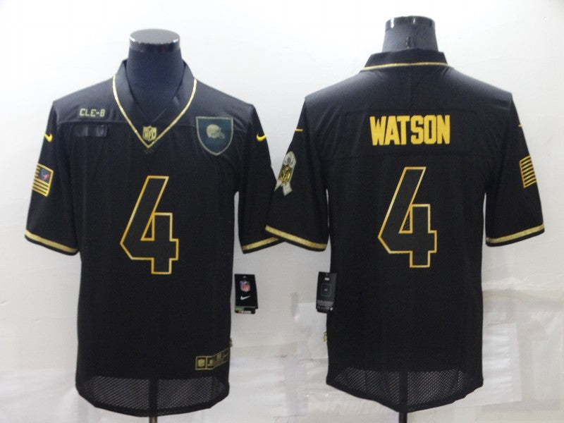 Custom Men’s Cleveland Browns #4 Deshaun Watson Black Gold Salute To Service Limited Stitched Jersey