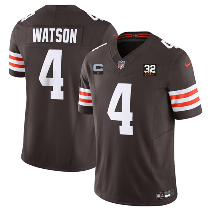 Custom Men’s Cleveland Browns #4 Deshaun Watson Brown 2023 F.U.S.E. With 1-Star C Patch And Jim Brown Memorial Patch Vapor Untouchable Limited Stitched Jersey