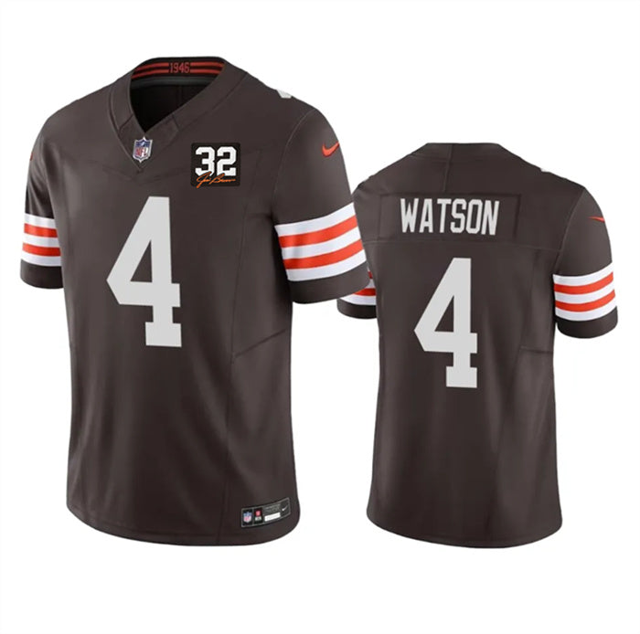 Custom Men’s Cleveland Browns #4 Deshaun Watson Brown 2023 F.U.S.E. With Jim Brown Memorial Patch Vapor Untouchable Limited Stitched Jersey
