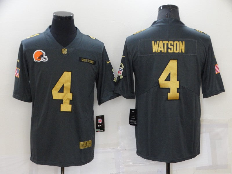 Custom Men’s Cleveland Browns #4 Deshaun Watson Grey Gold Salute To Service Limited Stitched Jersey